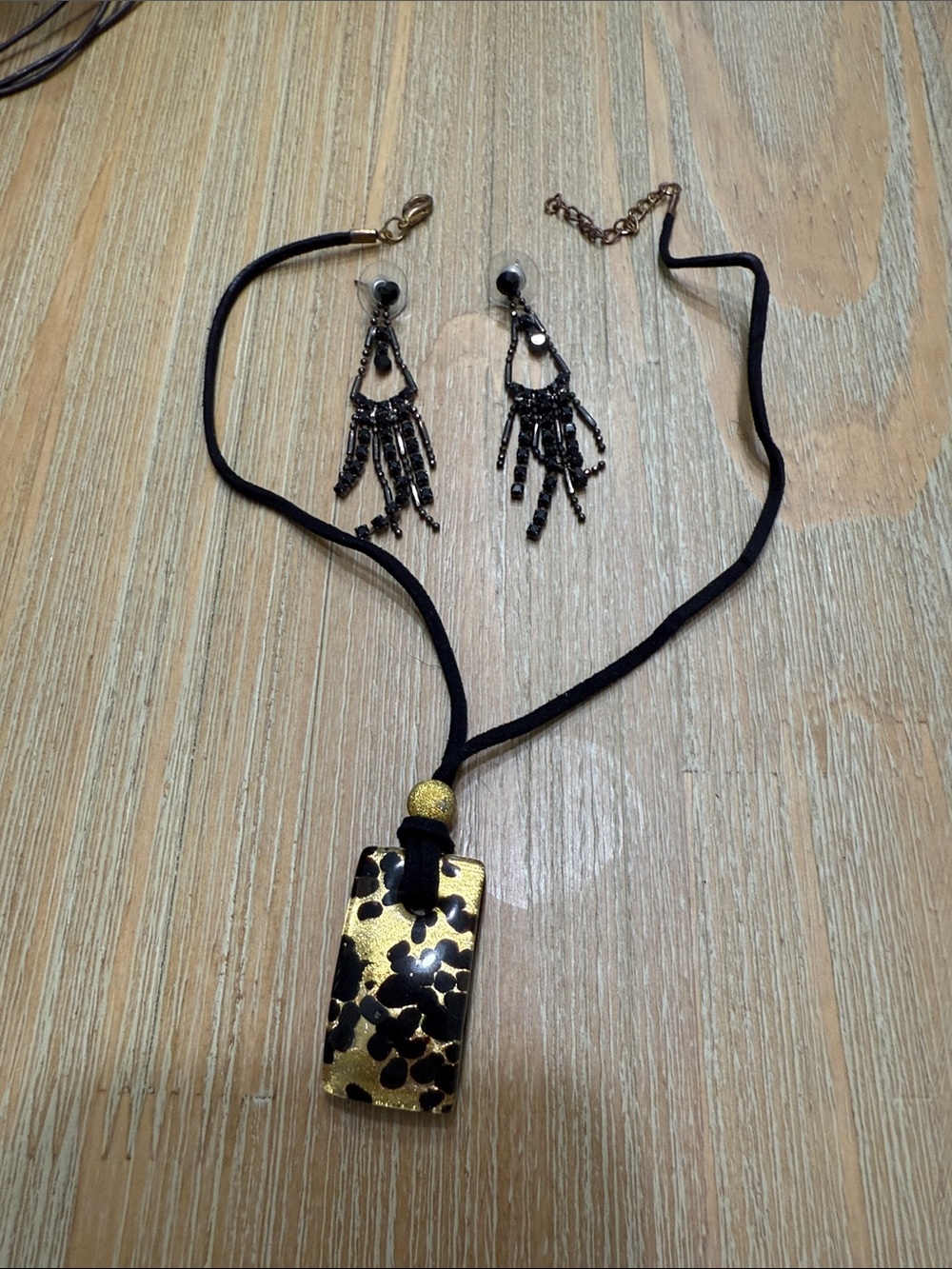 Gold and Black Pendant Necklace with Matching Earrings - Women Jewelry